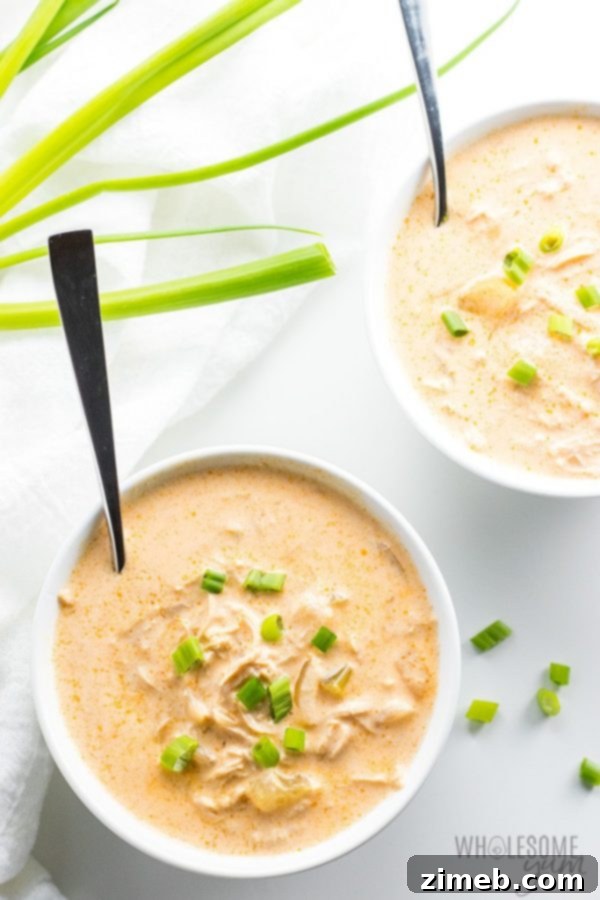 Low Carb Buffalo Chicken Soup, spicy and keto-friendly.