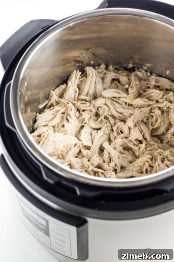 Easiest Instant Pot shredded chicken, tender and versatile.
