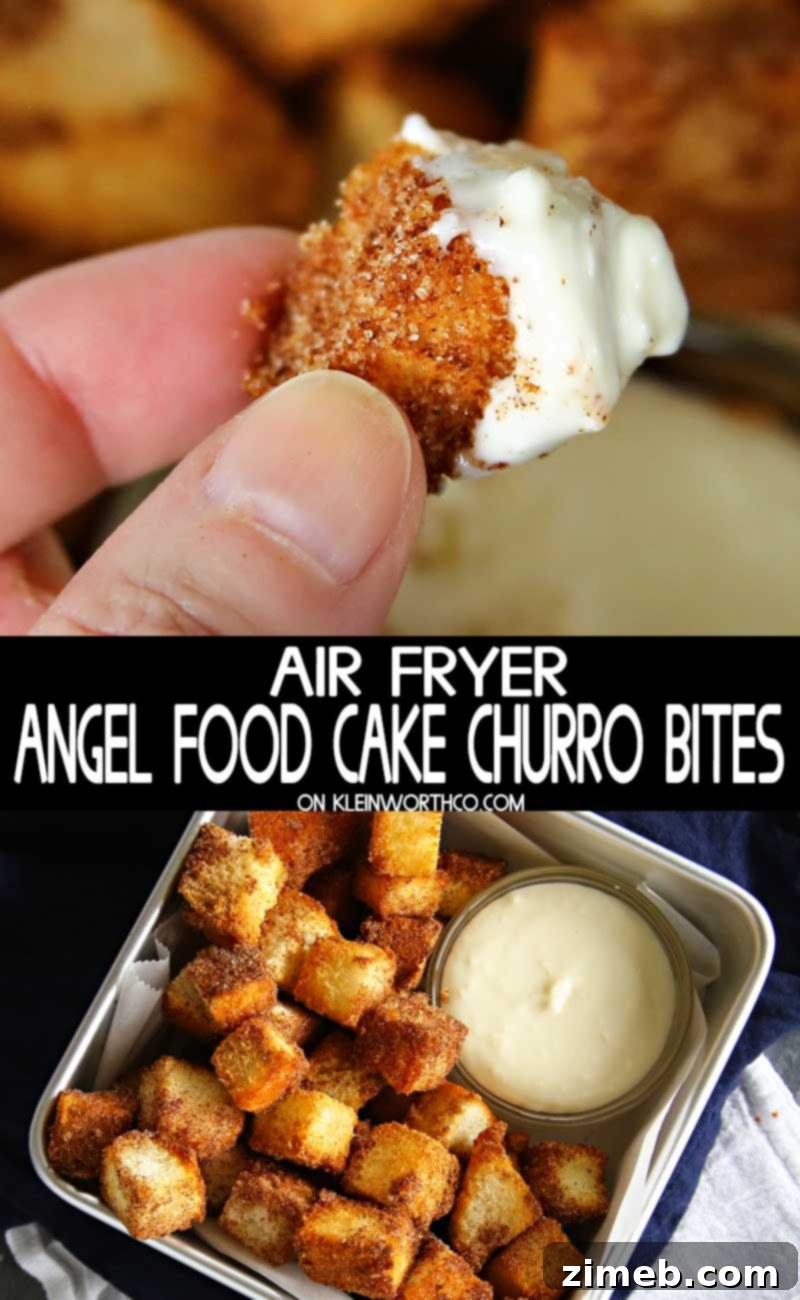 Air Fryer Angel Food Churro Poppers 2 Crispy Air Fryer Angel Food Cake Churro Bites, coated in cinnamon sugar, ready to be served.