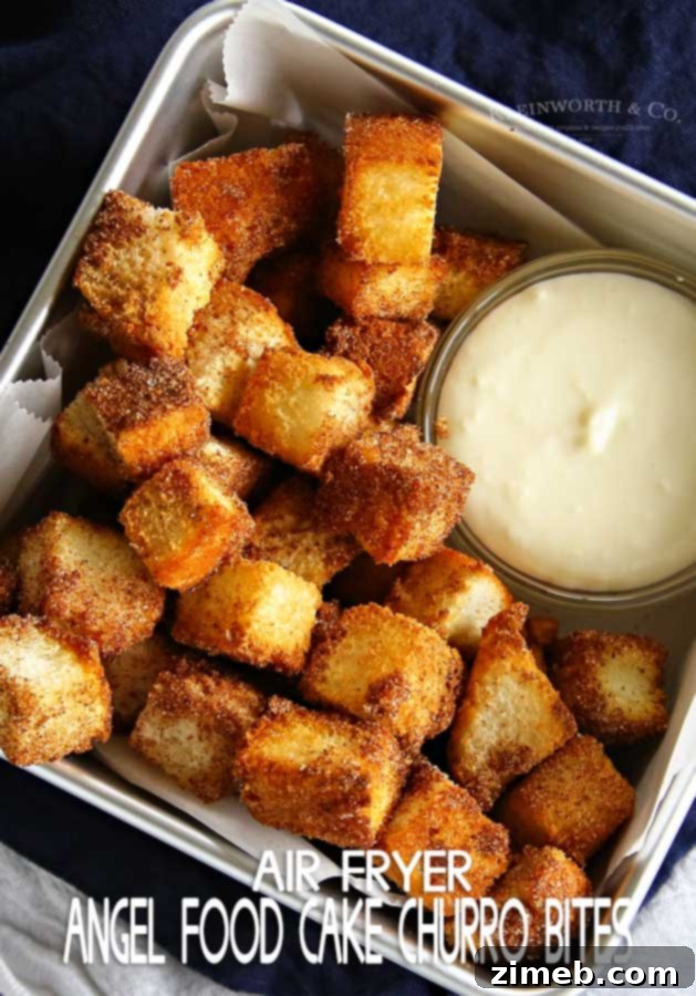 Air Fryer Angel Food Churro Poppers 10 Finished Air Fryer Angel Food Cake Churro Bites, close up on texture and cinnamon sugar.