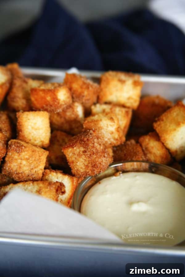 Air Fryer Angel Food Churro Poppers 3 Step-by-step preparation of Air Fryer Angel Food Cake Churro Bites showing cake cubes and cinnamon sugar.