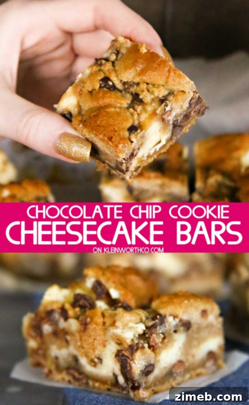 Chocolate Chip Cookie Cheesecake Delights 2 Decadent Chocolate Chip Cookie Cheesecake Bars - An easy, quick dessert recipe.