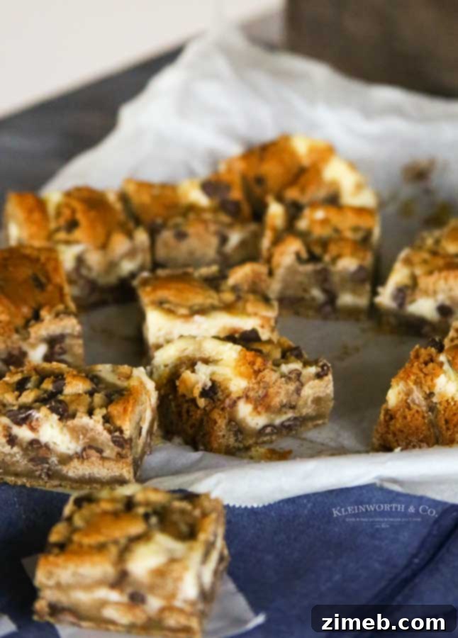 Chocolate Chip Cookie Cheesecake Delights 6 The best 4-ingredient dessert: Chocolate Chip Cookie Cheesecake Bars.