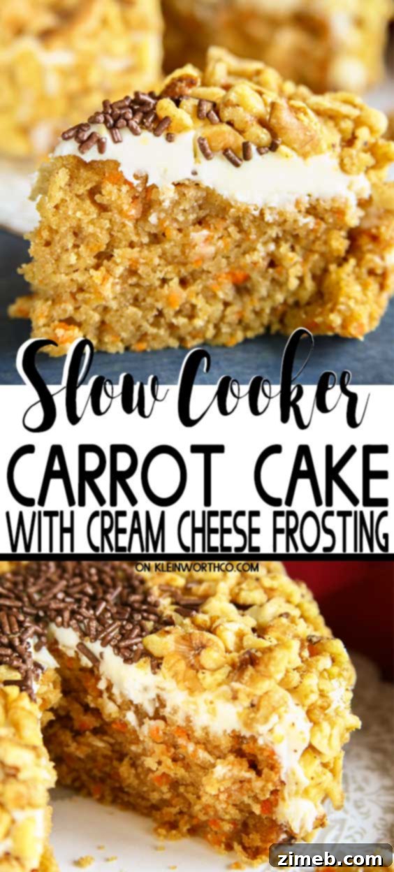 Moist and delicious Slow Cooker Carrot Cake, topped with cream cheese frosting, perfect for any season.