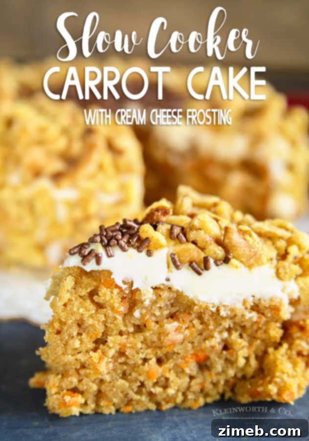 Close-up of Slow Cooker Carrot Cake with frosting and walnuts, ready to be cut.