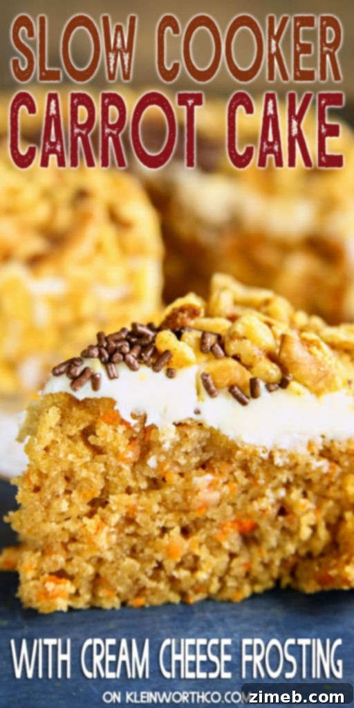 Overhead shot of Slow Cooker Carrot Cake slice with frosting, ready to eat.