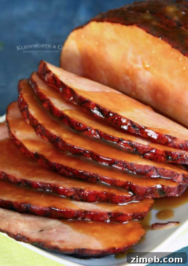A perfectly glazed and cooked ham, ready for serving