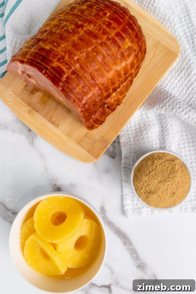 Ingredients for Instant Pot Ham laid out on a table