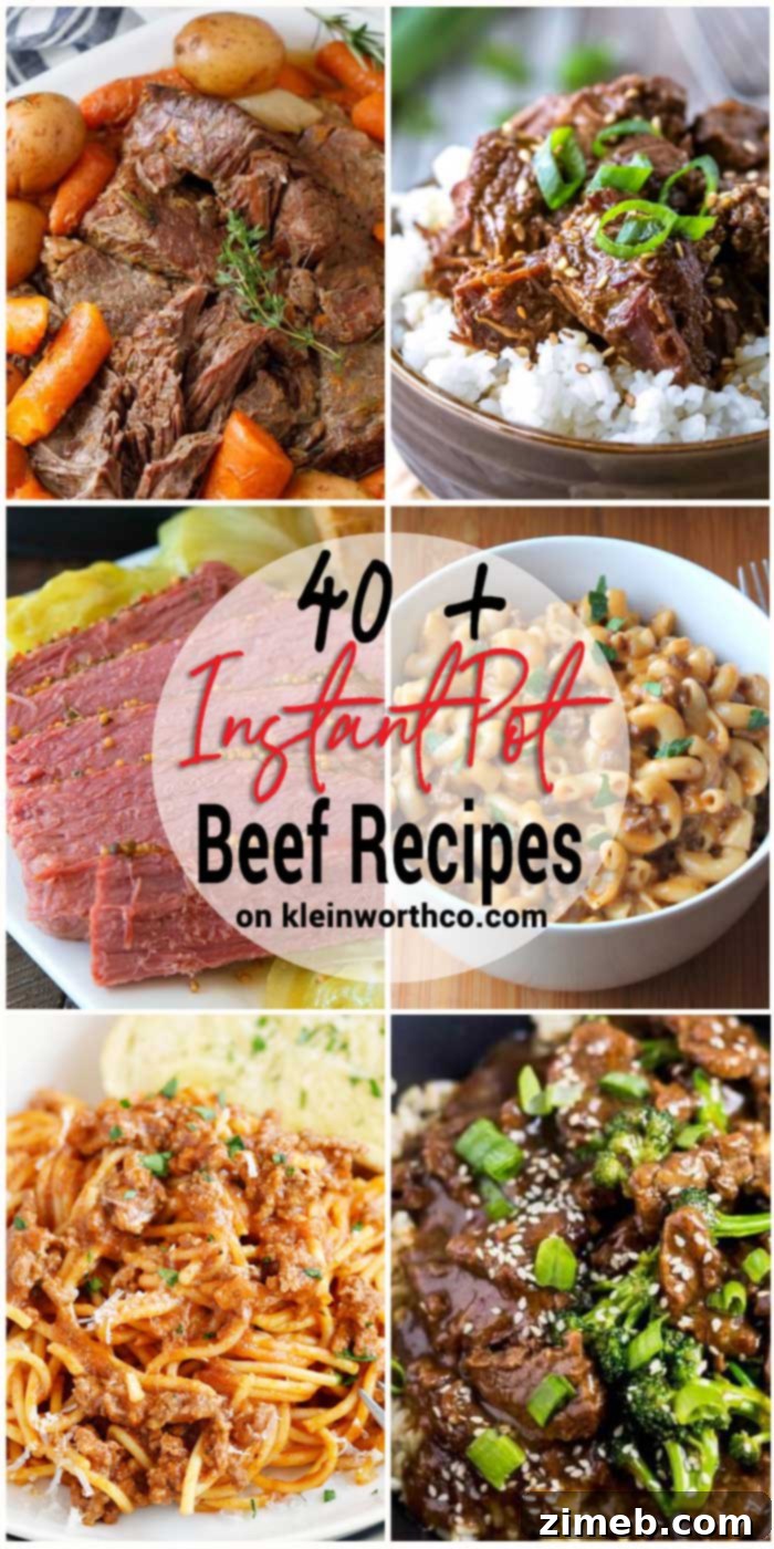 An inviting collage highlighting over 40 diverse and delicious Instant Pot beef recipes, perfect for quick and easy family dinners.