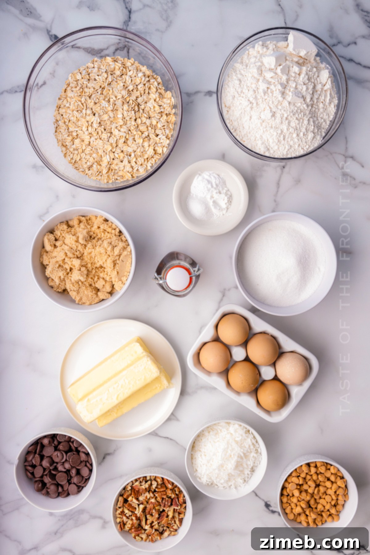 Ingredients for Cowboy Cookies - Oats, Chocolate, Pecans, Coconut