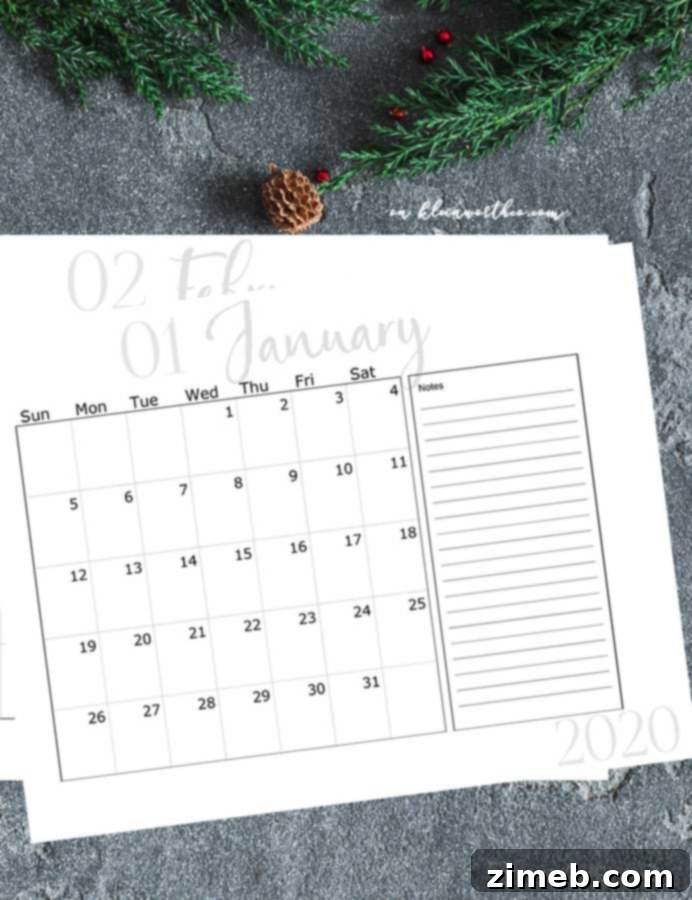 2020 Free Printable Calendar with Dedicated Notes Section