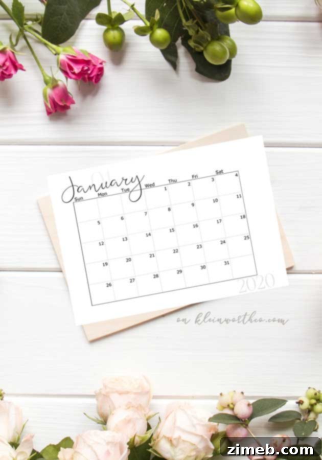 Horizontal 2020 Free Printable Calendar without Notes Section