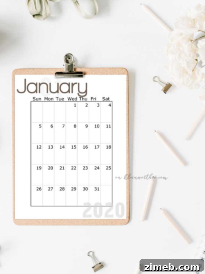 Download Vertical 2020 Free Printable Calendar