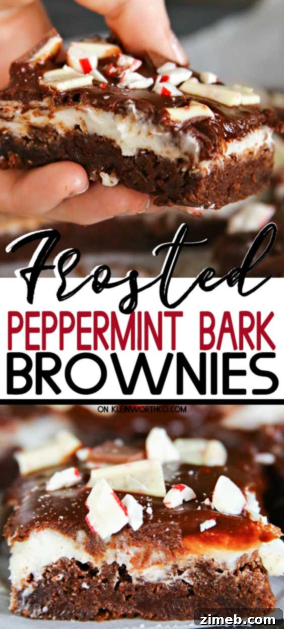 Snow-Kissed Peppermint Bark Brownies 2 Frosted Peppermint Bark Brownies - a fudgy chocolate brownie topped with mint frosting, chocolate ganache, and peppermint bark pieces