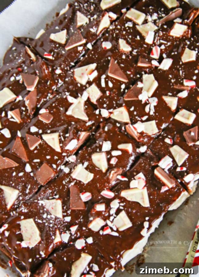 Snow-Kissed Peppermint Bark Brownies 3 Frosted Peppermint Bark Brownies recipe - layers of chocolate brownie, mint frosting, chocolate ganache, and peppermint bark