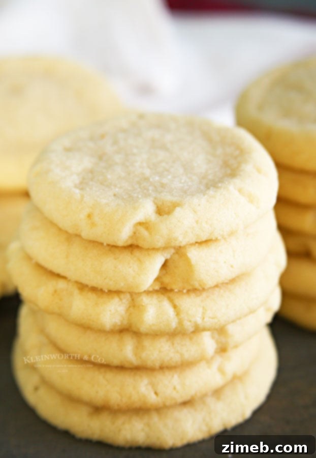 Perfect Sugar Cookies with Just 4 Ingredients 7 soft and chewy sugar cookies with a dusting of sugar, arranged on a tray