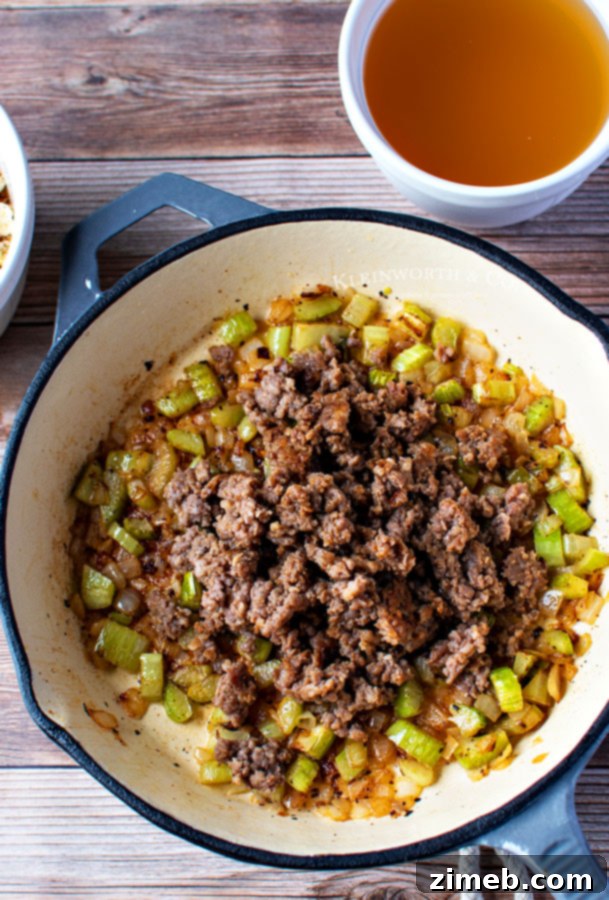 Effortless Savory Sausage Stuffing 7 stuffing - cooked veggies with pork