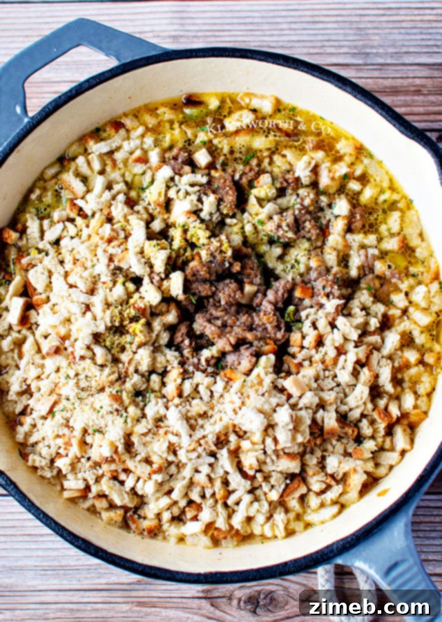 Effortless Savory Sausage Stuffing 9 stuffing- add the broth