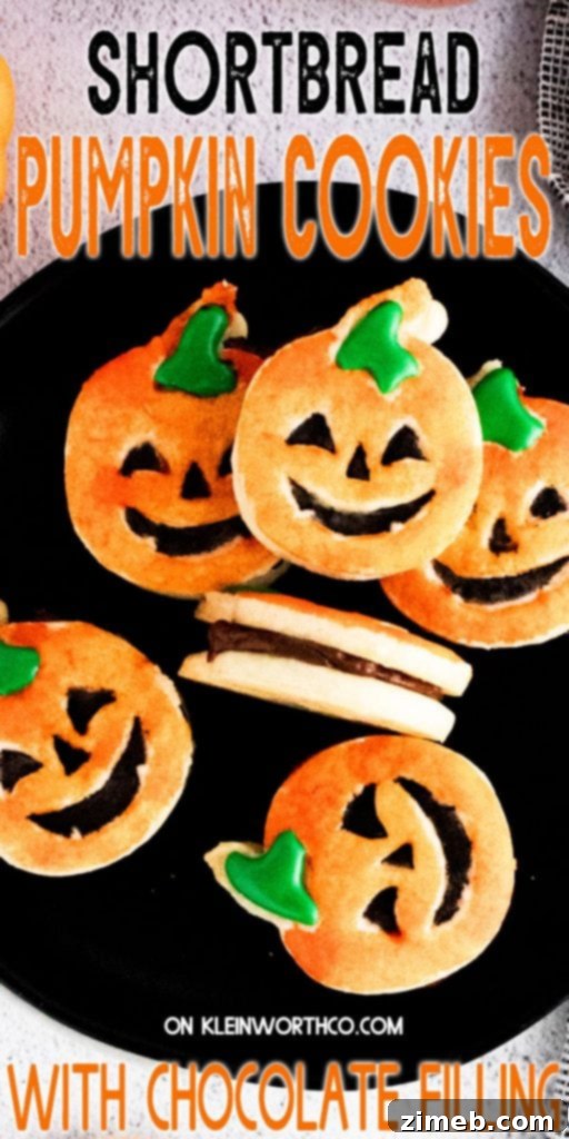 Pumpkin Shortbread Cookies, buttery shortbread cookie sandwiches stuffed with creamy chocolate filling perfect for Halloween.
