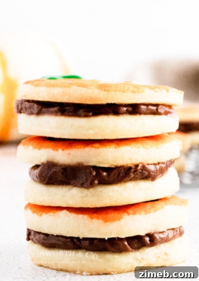 Chocolate Stuffed Sandwich Cookies - Pumpkin shaped