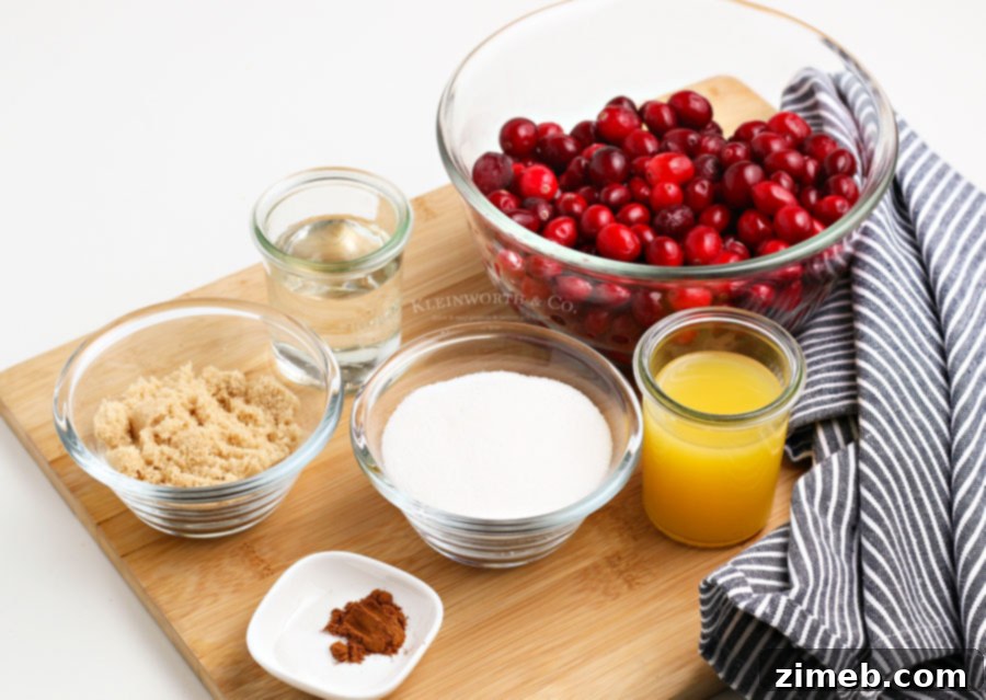 Effortless Cranberry Sauce 4 Fresh ingredients laid out for making cranberry sauce, including bright red cranberries, oranges, cinnamon sticks, and various sugars.