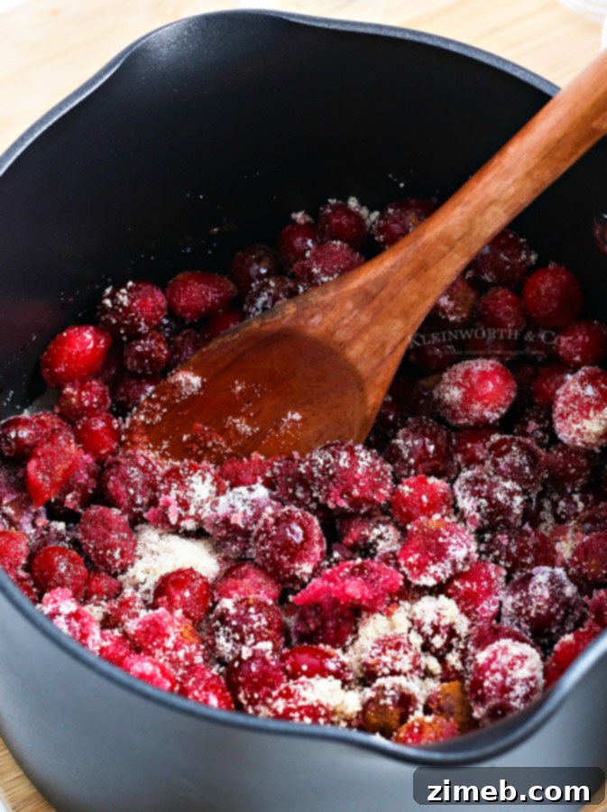 Effortless Cranberry Sauce 6 A spoon stirring fresh cranberries coated with sugar and cinnamon in a saucepan, illustrating the initial mixing step.