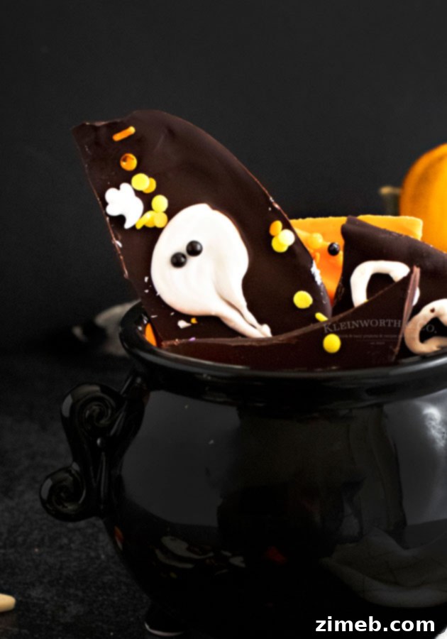 Ghost Chocolate Bark - Close up of a ghost design on bark