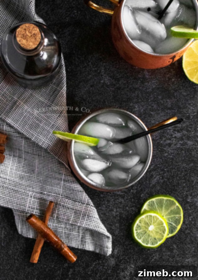 Cinnamon Ember Mule 16 Moscow Drink with a holiday twist, garnished with cinnamon stick and lime.