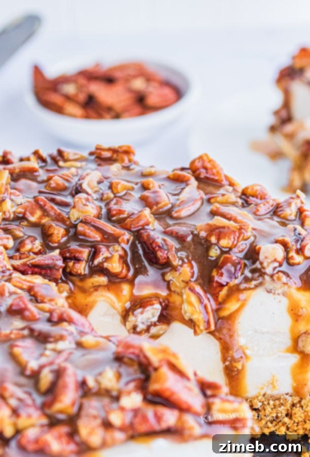 Ultimate No-Bake Pecan Pie Cheesecake 14 pecan topping dripping down