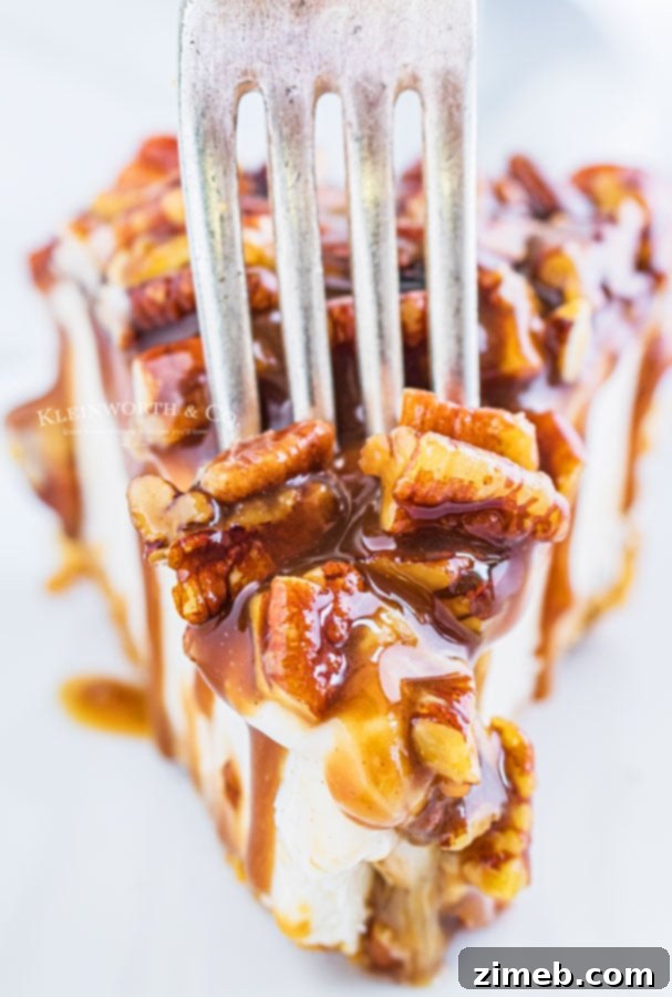 Ultimate No-Bake Pecan Pie Cheesecake 18 pecan cheesecake with a fork