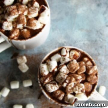 Mug-Melting Cocoa Surprises 31 Overhead view of two mugs of peanut butter cup hot chocolate with mini marshmallows on top sprinkled with cocoa powder on a grey background.
