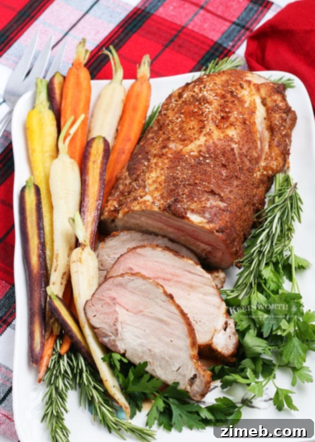 Succulent Pork Loin 8 Visual guide demonstrating how to perfectly prepare a Pork Loin Roast, from seasoning to plating.