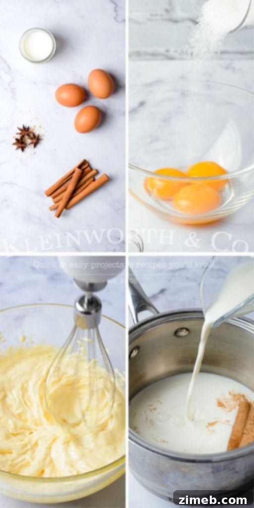 Timeless Homemade Eggnog 6 Ingredients and step-by-step process for making classic homemade eggnog, showcasing the creamy texture and traditional spices like cinnamon and nutmeg.