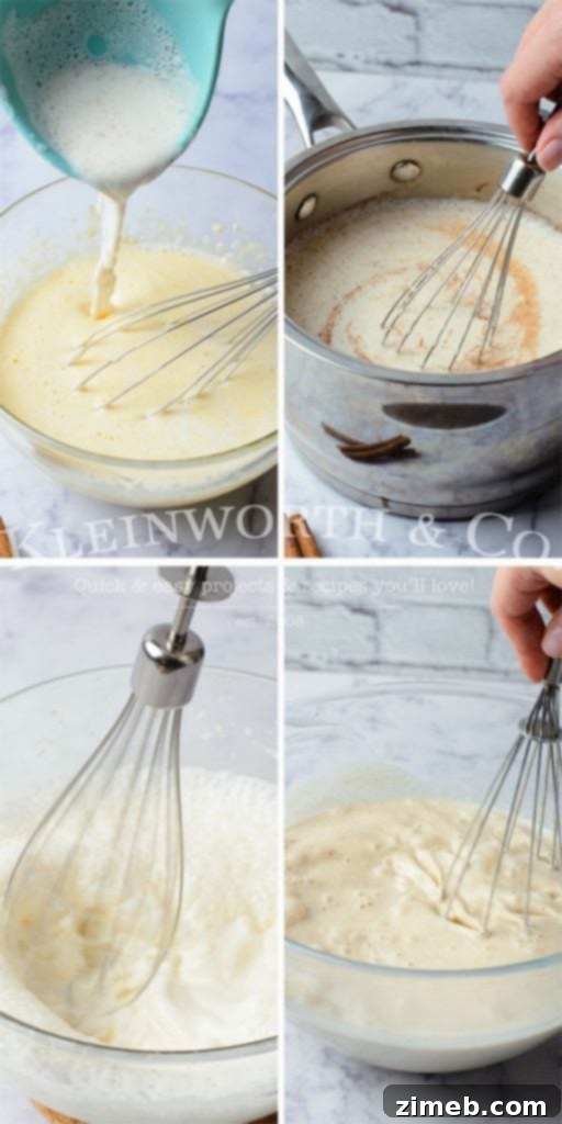 Timeless Homemade Eggnog 7 Detailed steps for cooking homemade eggnog, showing the whisking process and the rich, creamy consistency being achieved in a saucepan.