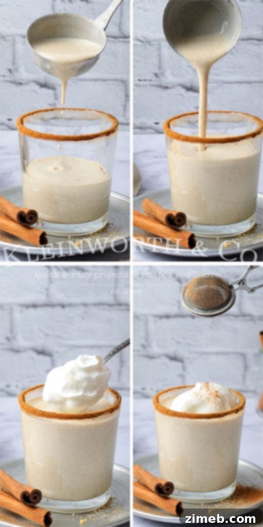 Timeless Homemade Eggnog 8 Ideas on how to garnish eggnog, featuring a glass topped with whipped cream, cinnamon sticks, and star anise, for an extra festive presentation.