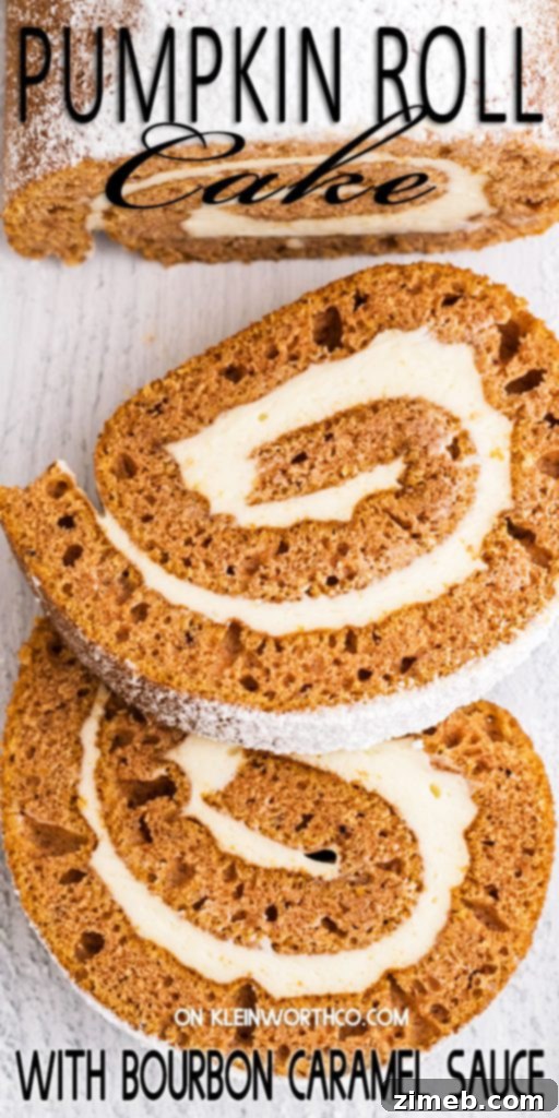 Decadent Pumpkin Roll with Bourbon Caramel Swirl 19 Close-up of a slice of Pumpkin Roll Cake with Bourbon Caramel Sauce