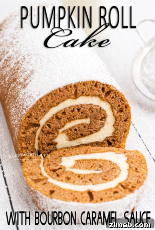 Decadent Pumpkin Roll with Bourbon Caramel Swirl 20 A beautifully presented Pumpkin Roll Cake with Bourbon Caramel Sauce, ready to be served