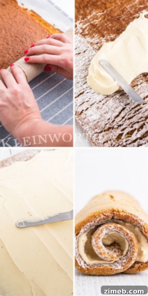 Decadent Pumpkin Roll with Bourbon Caramel Swirl 7 Filling and carefully rolling the pumpkin cake