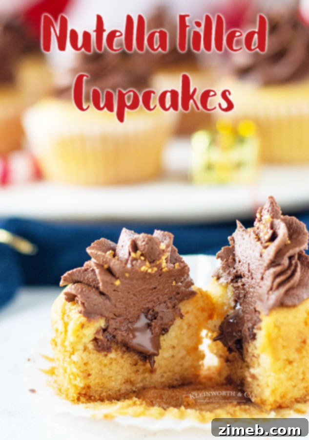 A stack of beautifully frosted Nutella Filled Cupcakes.