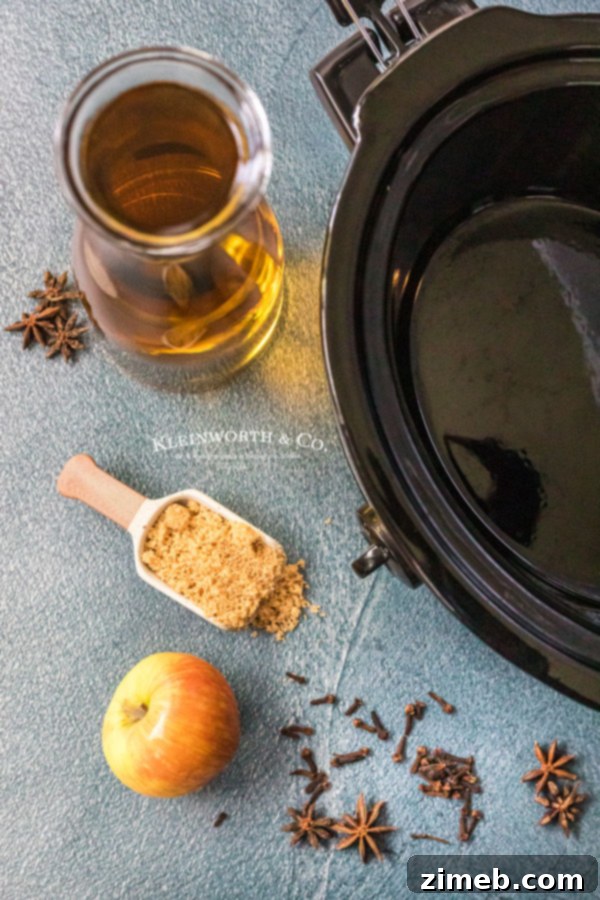 Golden Bourbon Apple Brew 5 Hands stirring the ingredients in a slow cooker to make spiked cider.