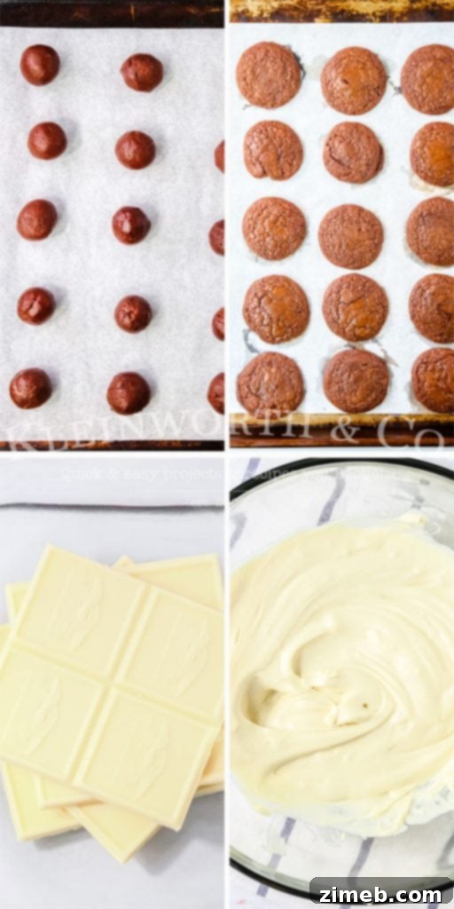 Baking and dipping Double Chocolate Peppermint Cookies