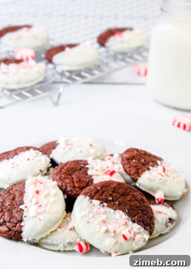 Chocolate cookies dipped in white chocolate and sprinkled with peppermint
