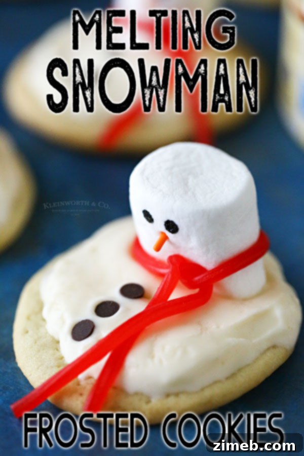 Frosted Snowman Meltdown Cookies 12 Melting Snowman Frosted Cookies, beautifully presented as a festive holiday dessert, perfect for sharing the joy of the season with loved ones.