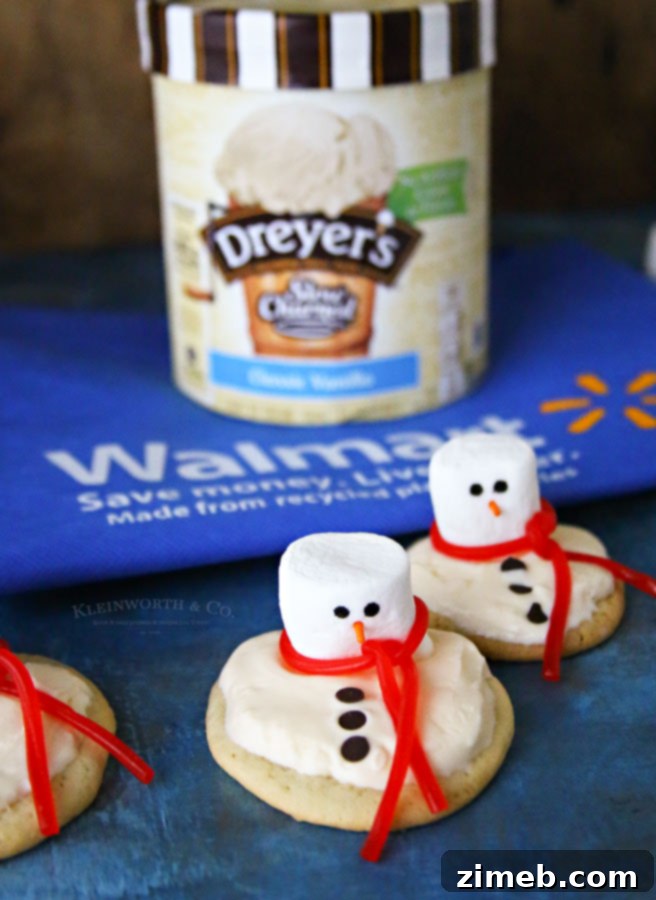 Frosted Snowman Meltdown Cookies 3 Snowman Cookies featuring DREYER’S/EDY’S vanilla ice cream, ideal for a festive and easy holiday baking project with kids.