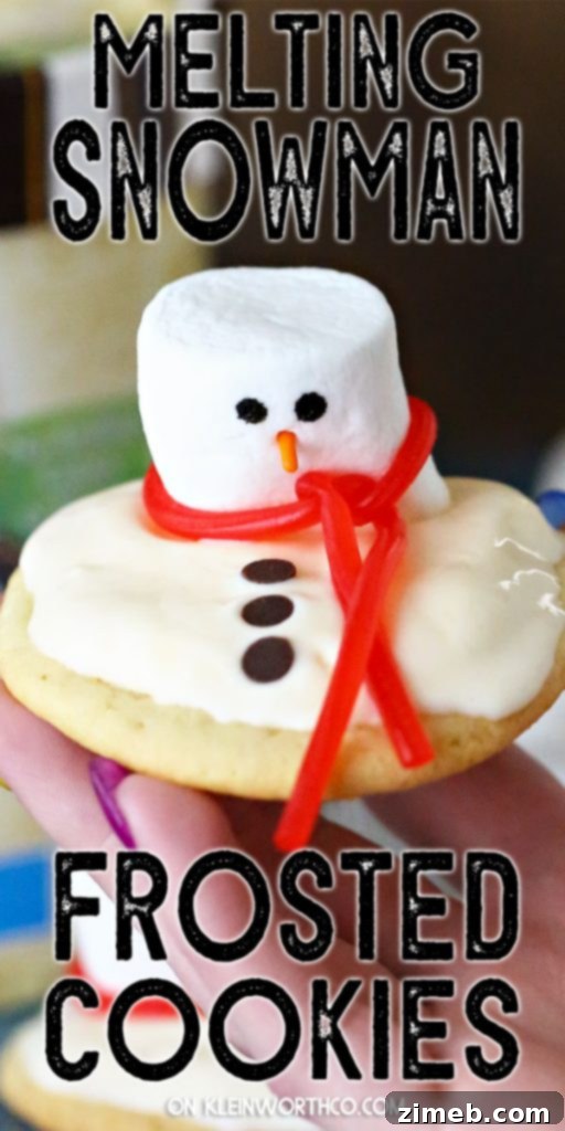 Frosted Snowman Meltdown Cookies 6 Melting Snowman Frosted Cookies, an artistic and fun holiday dessert idea, featuring carefully decorated marshmallow snowmen atop vanilla ice cream and sugar cookies.