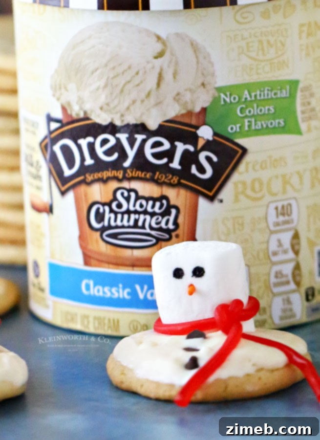 Frosted Snowman Meltdown Cookies 7 Holiday Snowman Cookies with Ice Cream, a perfect blend of a classic sugar cookie and a refreshing scoop of DREYER’S/EDY’S vanilla ice cream, topped with a charming marshmallow snowman.