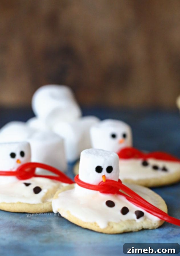 Frosted Snowman Meltdown Cookies 10 Ice Cream Cookies, shaped like a snowman, featuring rich DREYER’S/EDY’S vanilla ice cream atop a sugar cookie, garnished with a marshmallow and candy details.
