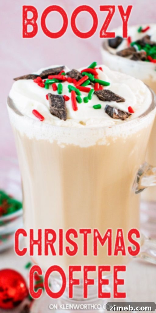 Boozy Christmas Coffee with whipped cream and sprinkles, festive holiday drink