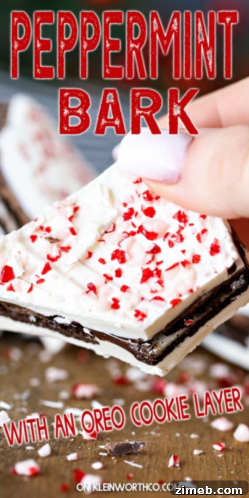 Oreo Peppermint Bark layered with white and dark chocolate, topped with peppermint bits
