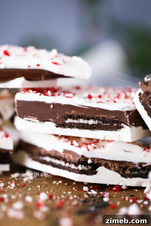 Close-up of freshly made Oreo Peppermint Bark recipe pieces